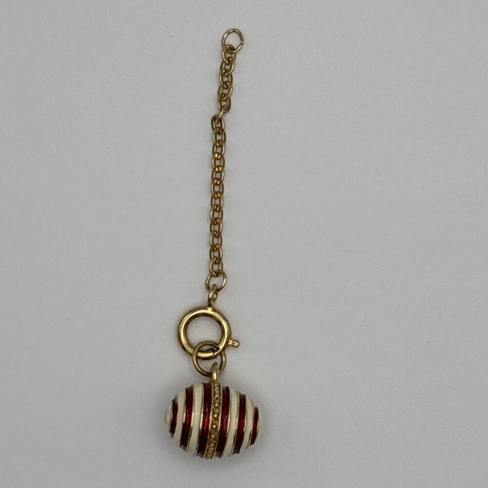 Joan Rivers Faberge Egg White Red Stripe Enamel Charm Pendant w/ Extender **READ